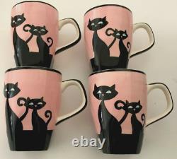 HUES N BREWS Cattitude Pink Siamese Black Cats Teapot + Coffee Cup 5 Piece Set