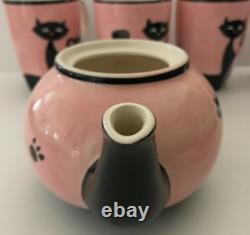 HUES N BREWS Cattitude Pink Siamese Black Cats Teapot Cups Ceramic 5 Piece Set