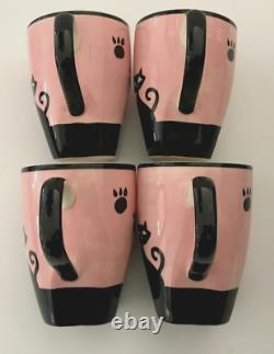 HUES N BREWS Cattitude Pink Siamese Black Cats Teapot Cups Ceramic 5 Piece Set