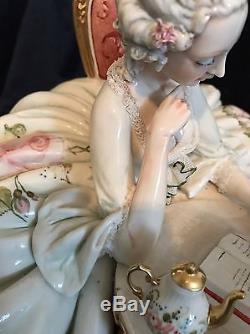 HUGE 13x20 Capodimonte Beautiful Lady Figure Tea Pot Set Roses Lamp & Shade