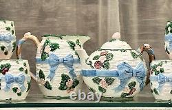 Haldon Group 1985 Tea Set, Blue Bows Strawberries Cups, Pitcher, Tea Pot 9 pc