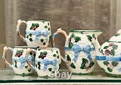 Haldon Group 1985 Tea Set, Blue Bows Strawberries Cups, Pitcher, Tea Pot 9 pc