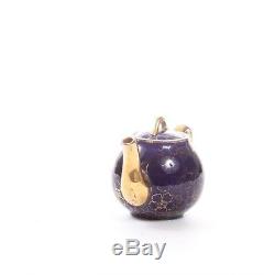 Halls China Tea Pot Blue with Gold Flowers Faded Handles Gold Stem In Bag VTG
