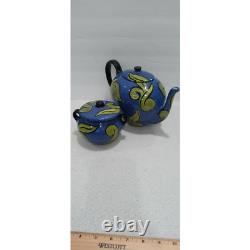 Hand Painted Ceramic Teapot & Sugar Bowl Set Blue Green Leaves Lidded Vintage