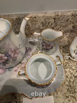 Hand Painted China Tea Set Service for 4. 13 pieces, cup & saucer holders