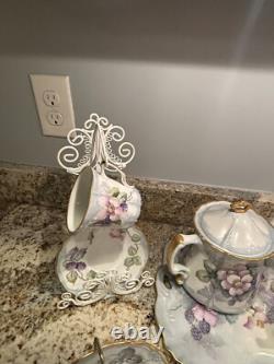 Hand Painted China Tea Set Service for 4. 13 pieces, cup & saucer holders