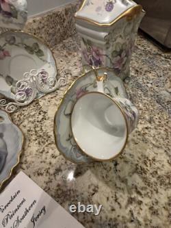 Hand Painted China Tea Set Service for 4. 13 pieces, cup & saucer holders