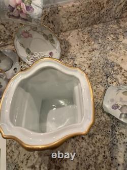 Hand Painted China Tea Set Service for 4. 13 pieces, cup & saucer holders