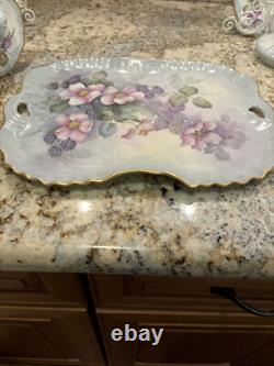 Hand Painted China Tea Set Service for 4. 13 pieces, cup & saucer holders