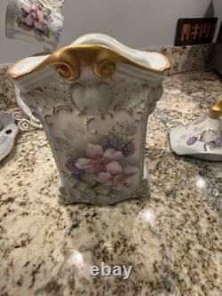 Hand Painted China Tea Set Service for 4. 13 pieces, cup & saucer holders