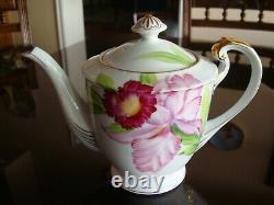 Hand Painted Japan Tea Coffee Set, Pot, Sugar, Creamer, 6 Cups, 6 Plates, Orchid