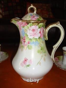 Hand Painted Nippon Tea Chocolate Coffee Set, Pot, 5 Cups & 4 Saucers, Roses
