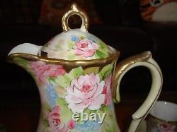 Hand Painted Nippon Tea Chocolate Coffee Set, Pot, 5 Cups & 4 Saucers, Roses