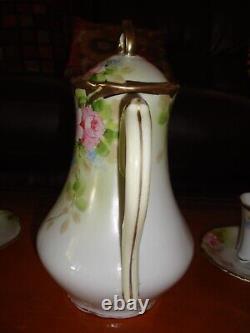 Hand Painted Nippon Tea Chocolate Coffee Set, Pot, 5 Cups & 4 Saucers, Roses