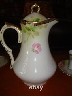 Hand Painted Nippon Tea Chocolate Coffee Set, Pot, 5 Cups & 4 Saucers, Roses