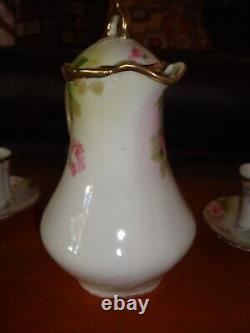 Hand Painted Nippon Tea Chocolate Coffee Set, Pot, 5 Cups & 4 Saucers, Roses