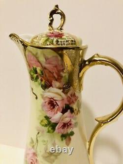 Hand Painted Royal Vienna Chocolate Pot Tea Set, 6 Cups, Pink Roses, Heavy Gold