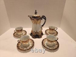 Hand painted Nippon Chocolate Pot, 4 cups and Saucers Navy Blue and Gold