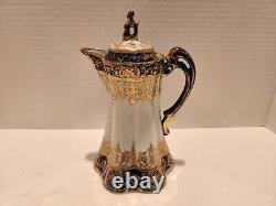Hand painted Nippon Chocolate Pot, 4 cups and Saucers Navy Blue and Gold