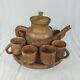 Handcrafted Wood Carved 10 Pc Teapot Set With Turntable Stand & Cups Vtg