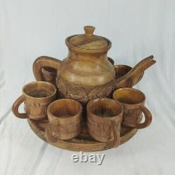 Handcrafted Wood Carved 10 pc Teapot Set With Turntable Stand & Cups Vtg