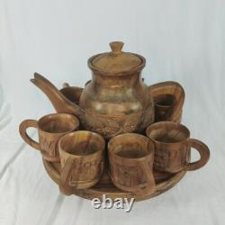 Handcrafted Wood Carved 10 pc Teapot Set With Turntable Stand & Cups Vtg