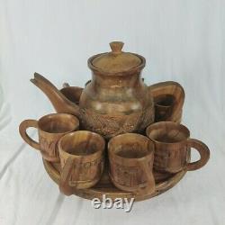 Handcrafted Wood Carved 10 pc Teapot Set With Turntable Stand & Cups Vtg