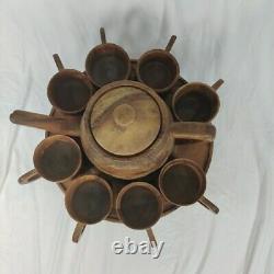Handcrafted Wood Carved 10 pc Teapot Set With Turntable Stand & Cups Vtg