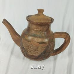 Handcrafted Wood Carved 10 pc Teapot Set With Turntable Stand & Cups Vtg