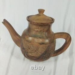 Handcrafted Wood Carved 10 pc Teapot Set With Turntable Stand & Cups Vtg