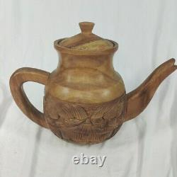 Handcrafted Wood Carved 10 pc Teapot Set With Turntable Stand & Cups Vtg
