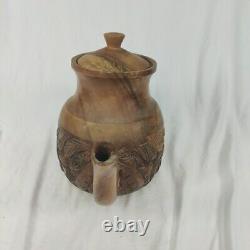 Handcrafted Wood Carved 10 pc Teapot Set With Turntable Stand & Cups Vtg