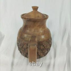 Handcrafted Wood Carved 10 pc Teapot Set With Turntable Stand & Cups Vtg