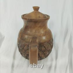 Handcrafted Wood Carved 10 pc Teapot Set With Turntable Stand & Cups Vtg