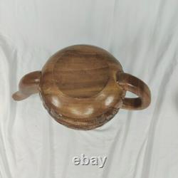 Handcrafted Wood Carved 10 pc Teapot Set With Turntable Stand & Cups Vtg
