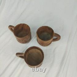 Handcrafted Wood Carved 10 pc Teapot Set With Turntable Stand & Cups Vtg