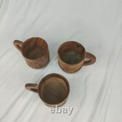 Handcrafted Wood Carved 10 pc Teapot Set With Turntable Stand & Cups Vtg