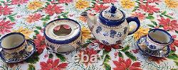 Handmade Boleslawiec Polish Pottery Teapot Warmer 2 Coffee Cups Blue Bee Design