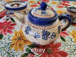 Handmade Boleslawiec Polish Pottery Teapot Warmer 2 Coffee Cups Blue Bee Design