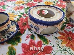 Handmade Boleslawiec Polish Pottery Teapot Warmer 2 Coffee Cups Blue Bee Design