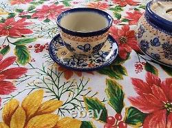 Handmade Boleslawiec Polish Pottery Teapot Warmer 2 Coffee Cups Blue Bee Design