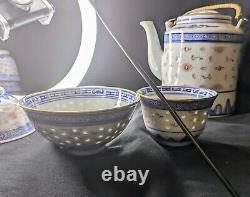Handmade Chinese Tea Set Red Rice Eye Design Gold Trim (Pot, Cups, Bowls)