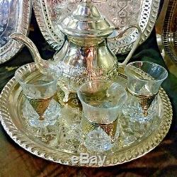 Handmade Moroccan Silver Tea Set TeaPot, Tea Tray, Set Of 3 Tea Cups
