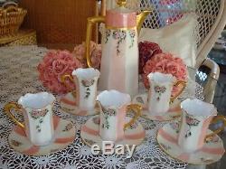 Handpainted Limoges France Chocolate /tea / Coffee Pot & 5 German Cups Set, Pink