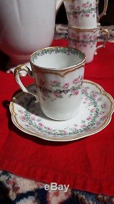 Haviland Limoges antique teapot set, cream with pink roses and gold trim