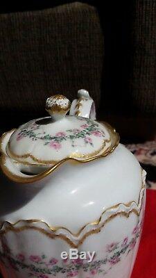 Haviland Limoges antique teapot set, cream with sweet pink roses and gold trim