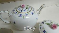 Herend Blue Garland Tea Set Tea Pot, Cream, Sugar 4 cups and Saucers Mint