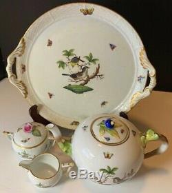 Herend Rothschild China Bird Tea Set Teapot Cream Sugar & 12 Tray Hungary