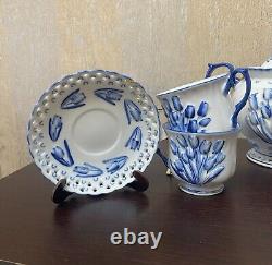 Holland Blue Tulips Porcelain Tea Set for Four with Teapot Handpainted
