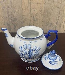 Holland Blue Tulips Porcelain Tea Set for Four with Teapot Handpainted